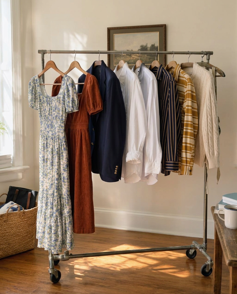 Brass rack with a blue floral dress beside navy suits, white oxford shirts, cream cable knits and striped shirts