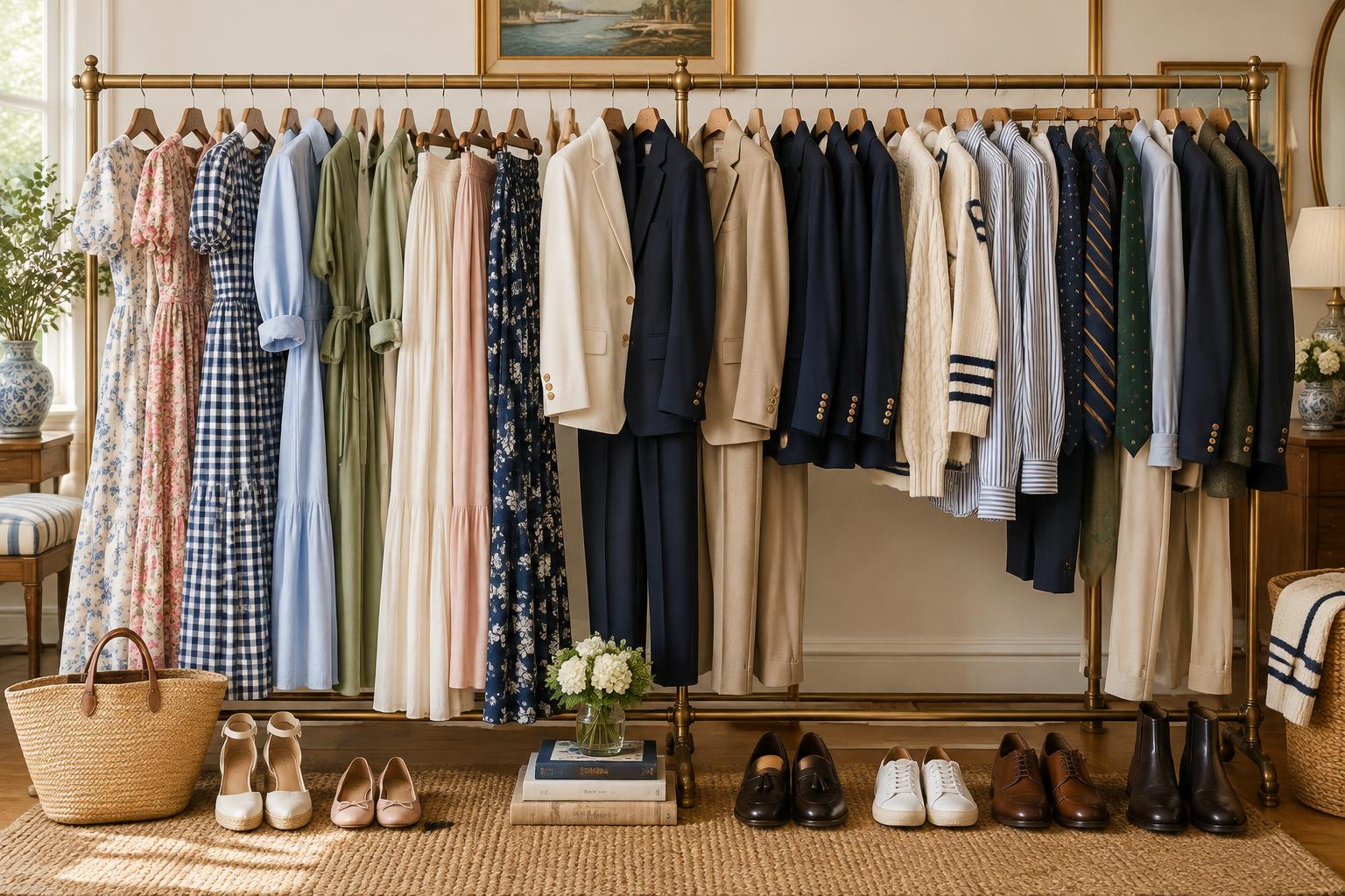 A full, inclusive styling rack of floral and gingham dresses, maxi skirts, tailored suits and navy blazers in a range of sizes — J.Crew, J.McLaughlin and Ralph Lauren style